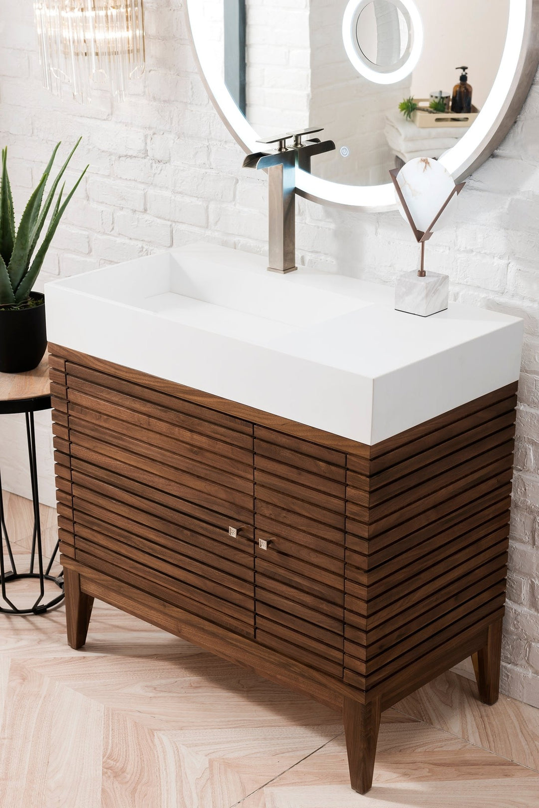 Linear 36" Single Vanity, Mid-Century Walnut w/ Glossy White Composite Stone Top