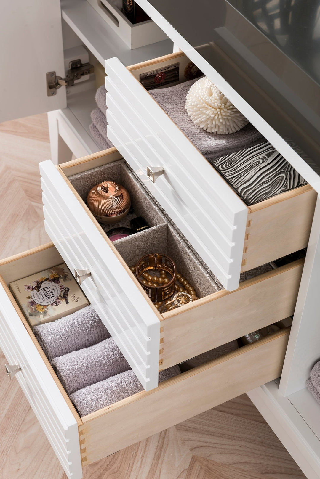 Linear 59" Double Vanity, Glossy White w/ Dusk Grey Glossy Composite Stone Top