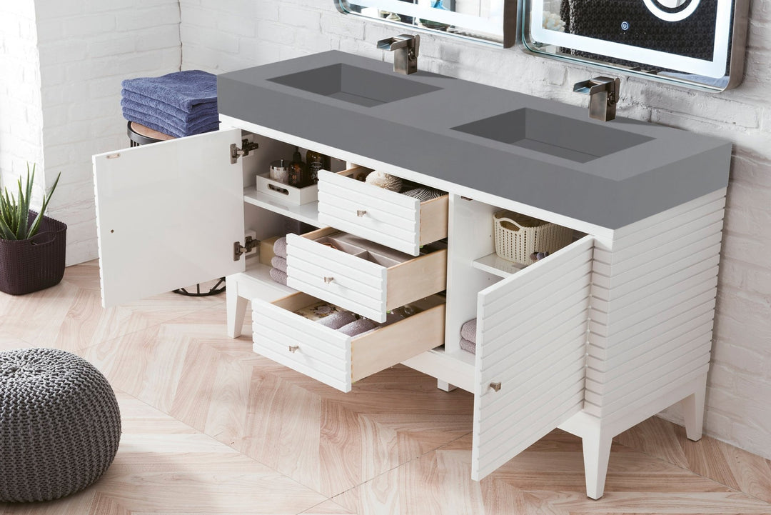 Linear 59" Double Vanity, Glossy White w/ Dusk Grey Glossy Composite Stone Top
