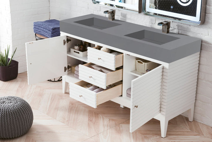 Linear 59" Double Vanity, Glossy White w/ Dusk Grey Glossy Composite Stone Top