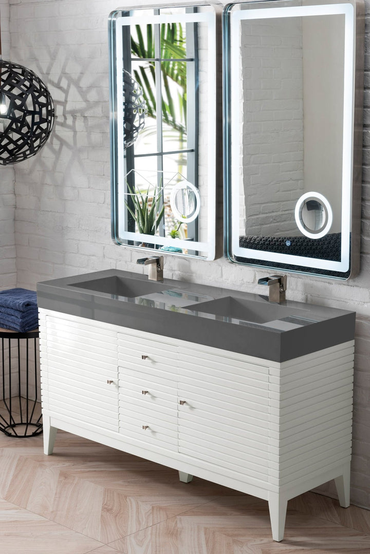 Linear 59" Double Vanity, Glossy White w/ Dusk Grey Glossy Composite Stone Top