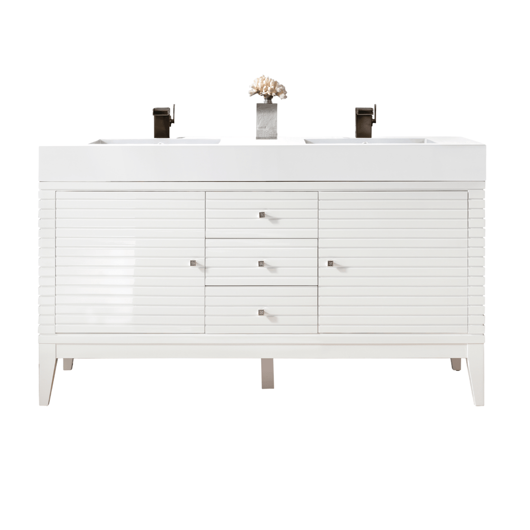 Linear 59" Double Vanity, Glossy White w/ Glossy White Composite Stone Top