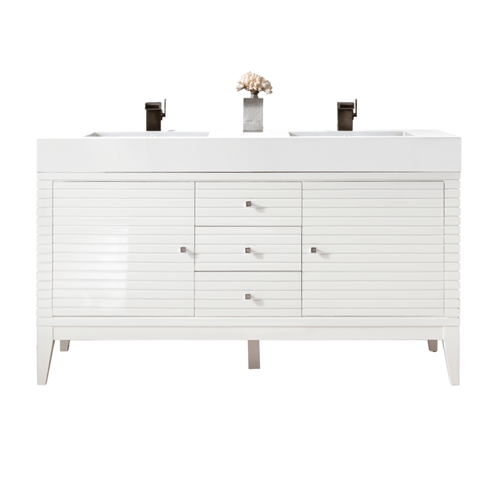 Linear 59" Double Vanity, Glossy White w/ Glossy White Composite Stone Top