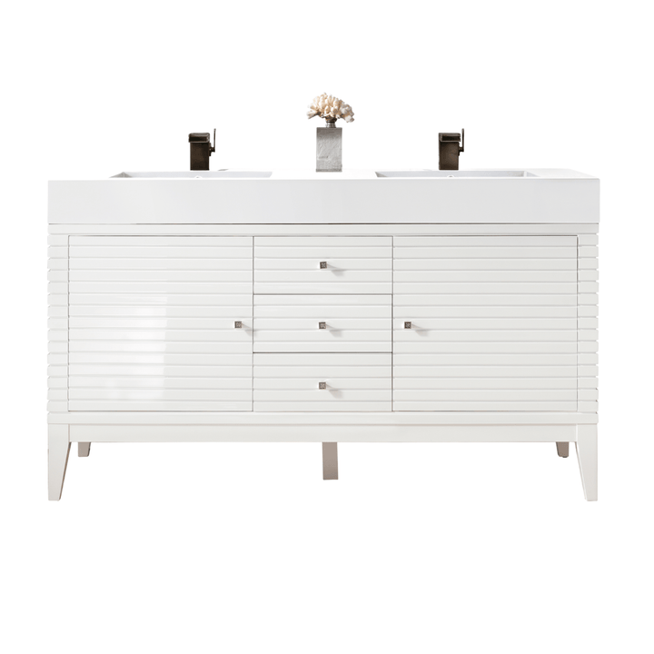 Linear 59" Double Vanity, Glossy White w/ Glossy White Composite Stone Top