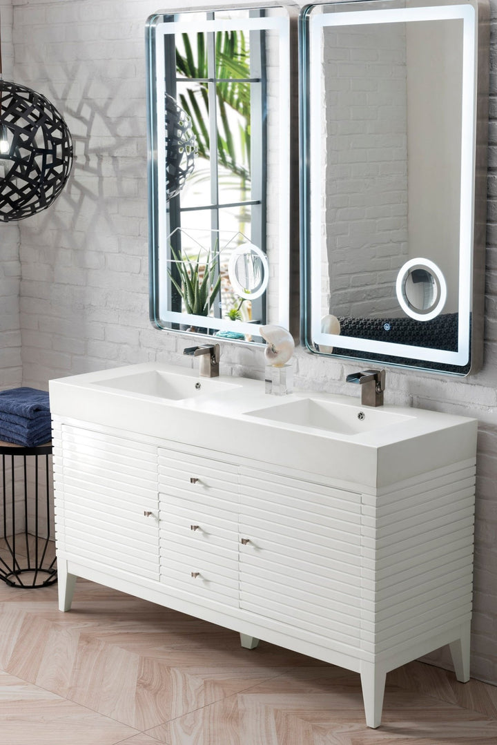 Linear 59" Double Vanity, Glossy White w/ Glossy White Composite Stone Top