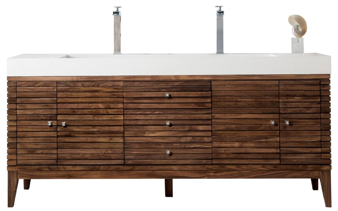 Linear 72" Double Vanity, Mid-Century Walnut w/ Glossy White Composite Stone Top