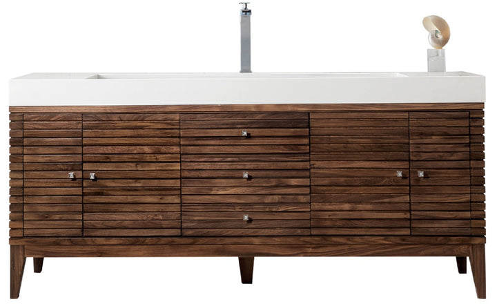Linear 72" Single Vanity, Mid-Century Walnut w/ Glossy White Composite Stone Top