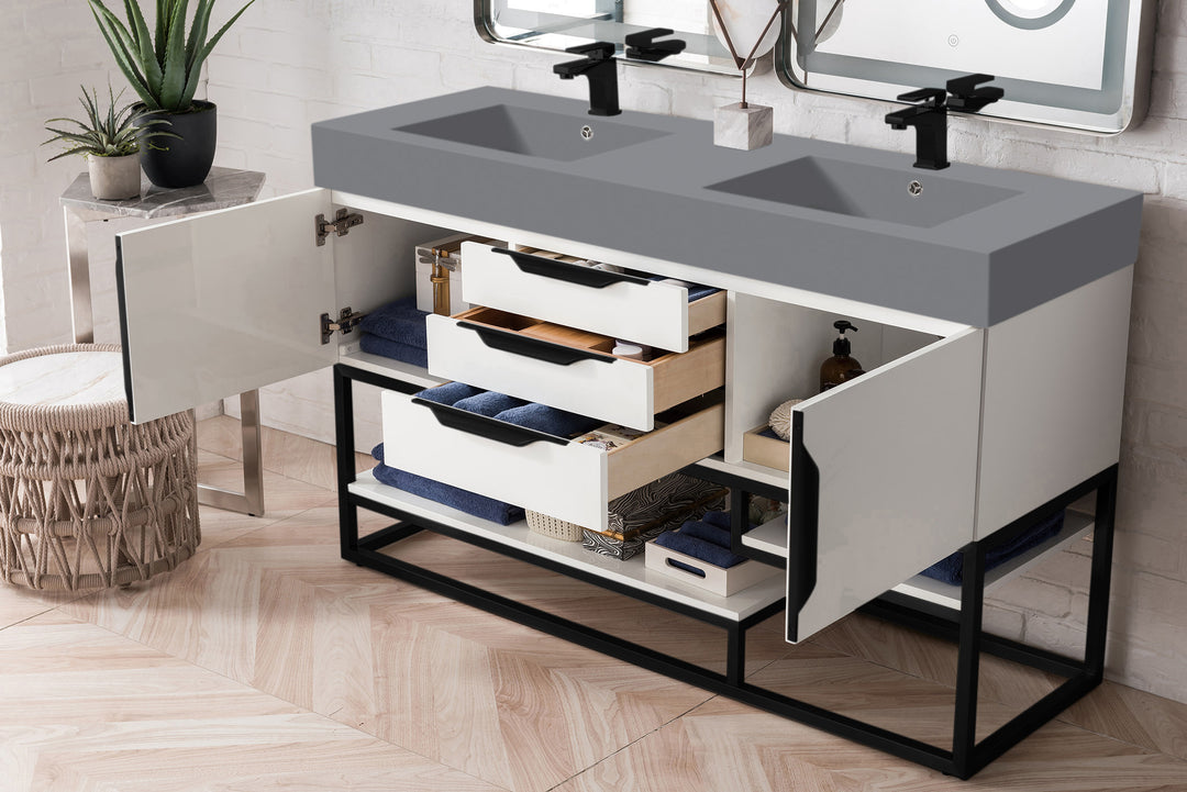 Columbia 59" Double Vanity, Glossy White, Matte Black w/ Dusk Grey Glossy Composite Stone Top