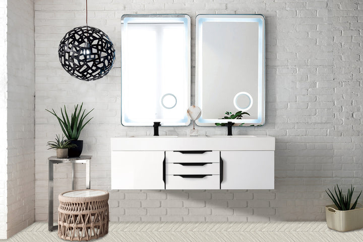 Columbia 59" Double Wall Mount Vanity, Glossy White, Matte Black w/ Glossy White Composite Stone Top