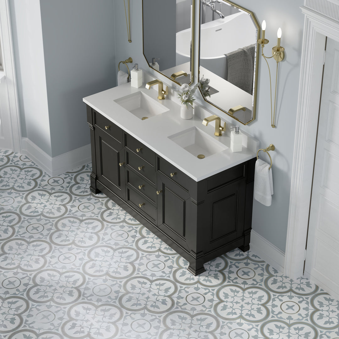 Brookfield 60" Double Vanity, Black Onyx w/ Single Hole 3CM White Zeus Silestone® Top & Backsplash