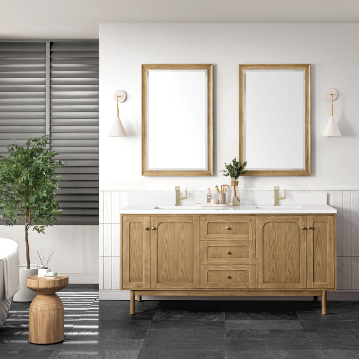 Laurent 72" Double Vanity, Light Natural Oak w/ Single Hole 3 CM White Zeus Top & Backsplash