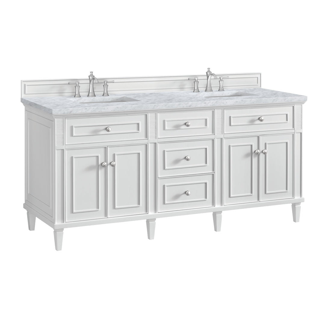 Lorelai 72" Double Vanity, Bright White w/ 3 CM Carrara White Marble Top