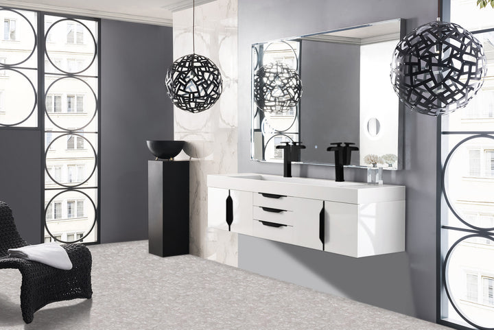 Columbia 72" Double Wall Mount Vanity, Glossy White, Matte Black w/ Glossy White Composite Stone Top