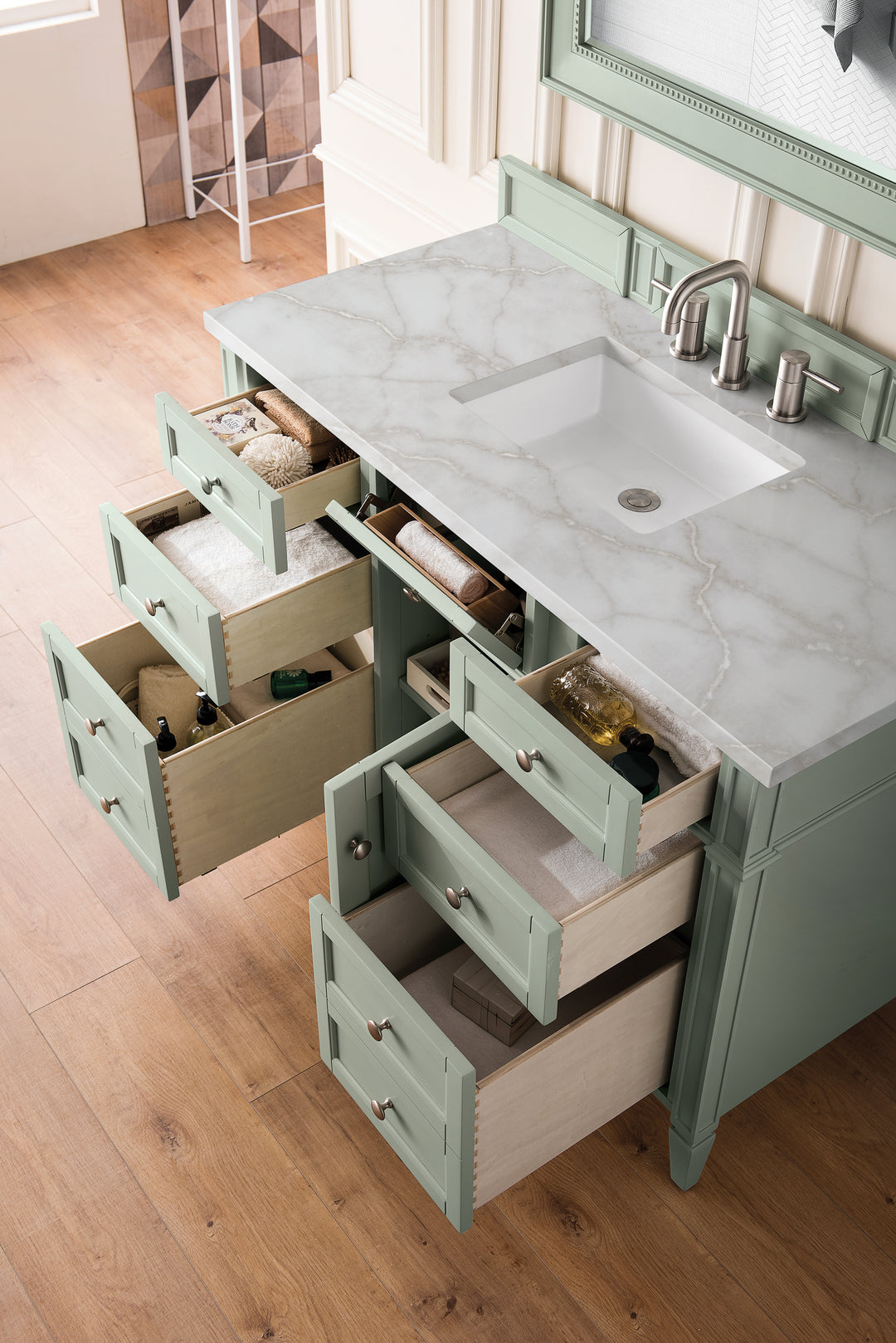 Brittany 48" Single Vanity, Sage Green w/ 3 CM Victorian Silver Silestone Top