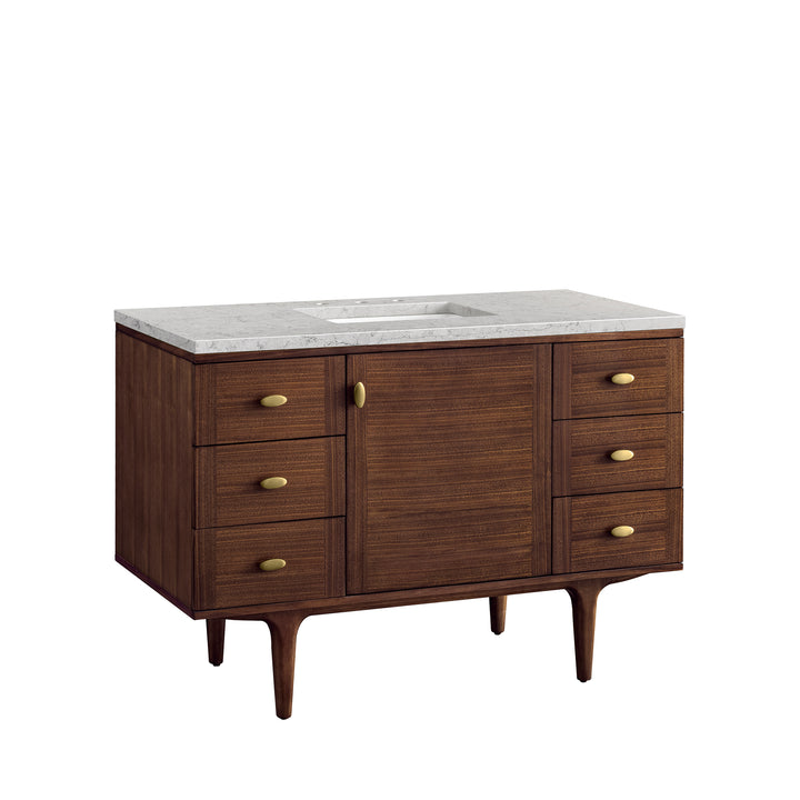 Amberly 48" Single Vanity, Mid-Century Walnut w/ 3 CM Eternal Jasmine Pearl Top w/FreePower Wireless Charger