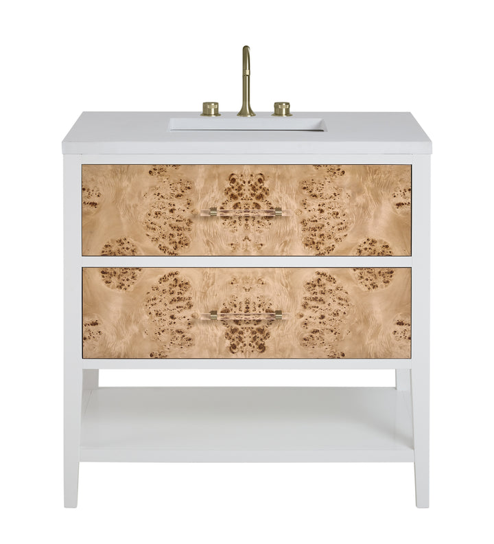 Olena 36" Single Vanity, Light Mappa Burl and Polished White w/ 3 CM White Zeus Silestone Top
