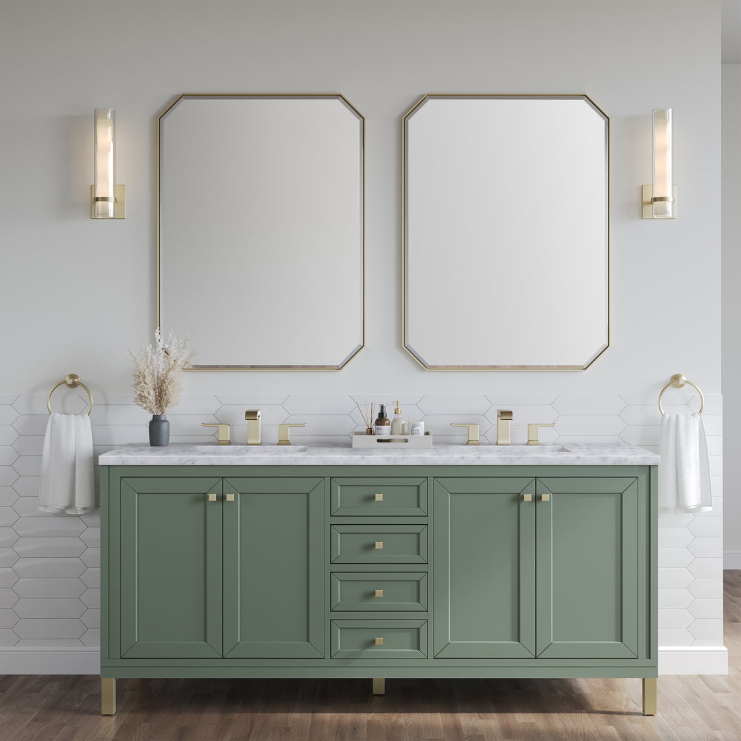 Chicago 72" Double Vanity, Smokey Celadon, w/ 3 CM Carrara Marble Top