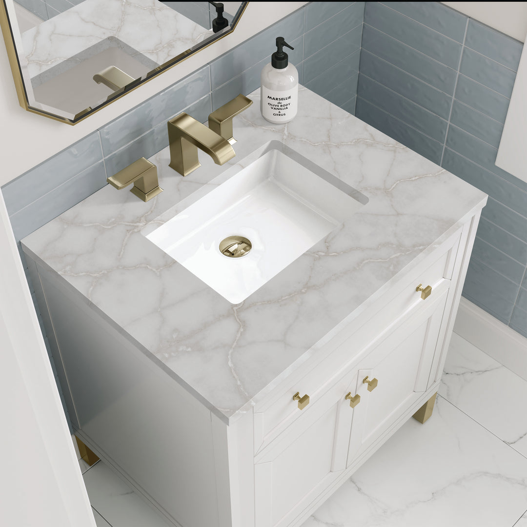 Chicago 30" Single Vanity, Glossy White, w/ 3 CM Victorian Silver Silestone® Top