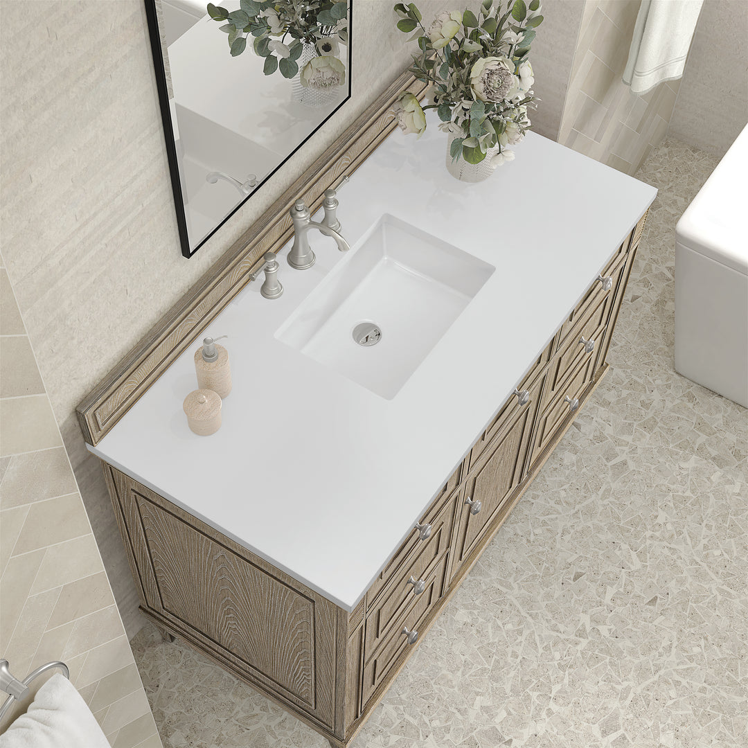 Lorelai 48" Single Vanity, Whitewashed Oak w/ 3 CM White Zeus Silestone Top