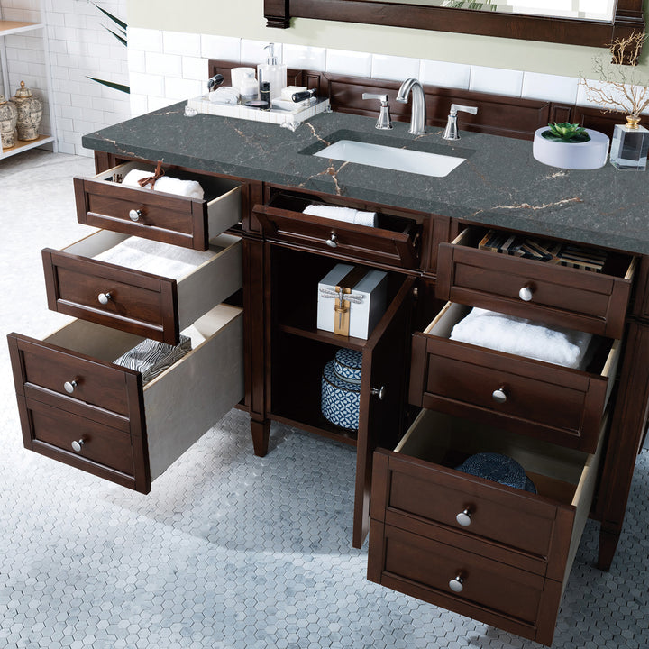 Brittany 60" Single Vanity, Burnished Mahogany w/ 3 CM Parisien Bleu Silestone Top w/FreePower Wireless Charger