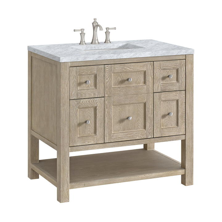 Breckenridge 36" Single Vanity, Whitewashed Oak w/ 3 CM Carrara White Marble Top
