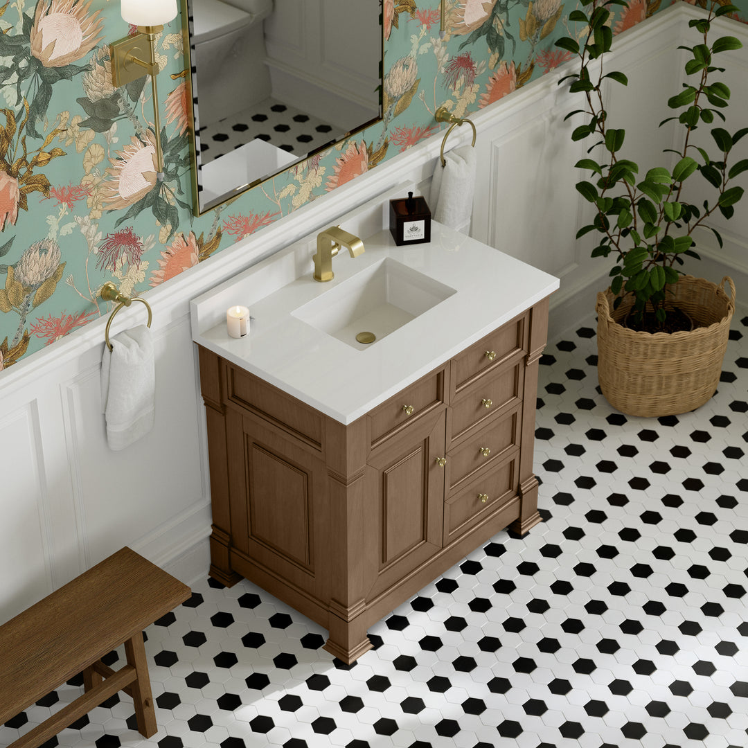 Brookfield 36" Single Vanity, Pecan w/ Single Hole 3CM White Zeus Silestone® Top & Backsplash