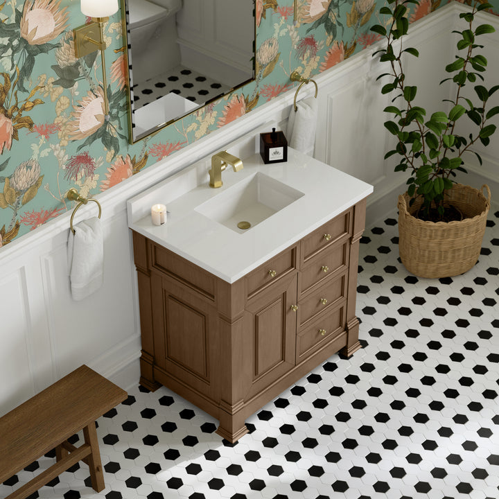 Brookfield 36" Single Vanity, Pecan w/ Single Hole 3CM White Zeus Silestone® Top & Backsplash