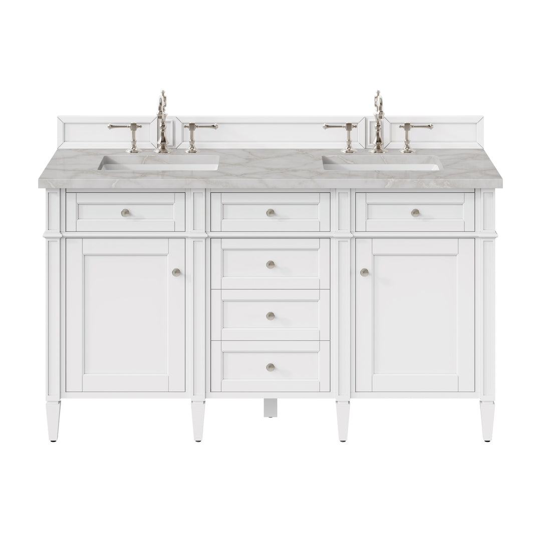 Brittany 60" Double Vanity, Bright White Vanity w/ 3 CM Victorian Silver Silestone Top