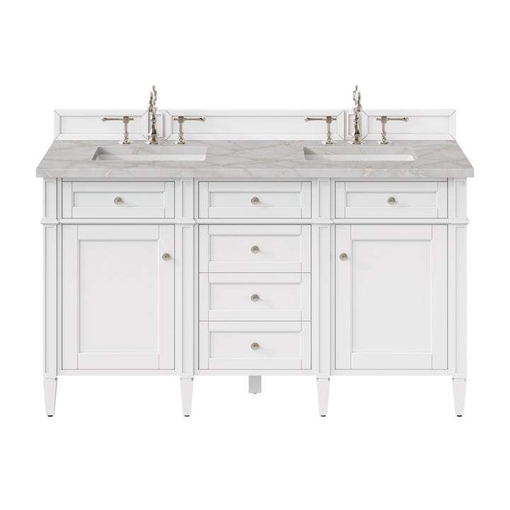 Brittany 60" Double Vanity, Bright White Vanity w/ 3 CM Victorian Silver Silestone Top