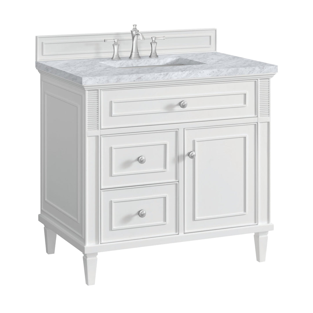 Lorelai 36" Single Vanity, Bright White w/ 3 CM Carrara White Marble Top
