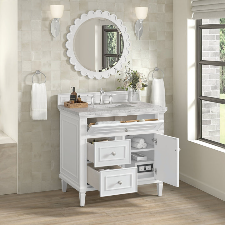 Lorelai 36" Single Vanity, Bright White w/ 3 CM Eternal Jasmine Pearl Silestone Top