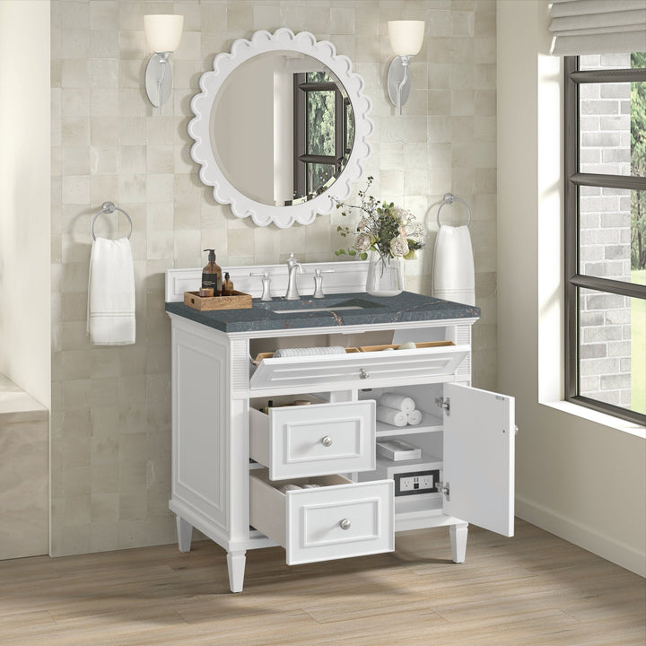 Lorelai 36" Single Vanity, Bright White w/ 3 CM Parisien Bleu Silestone Top