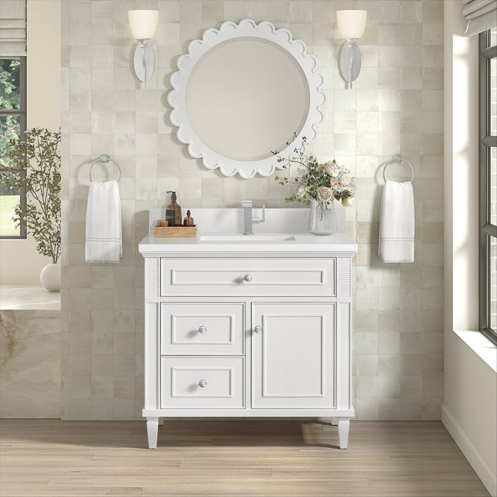 Lorelai 36" Single Vanity, Bright White w/ Single Hole 3 CM White Zeus Silestone Top & Backsplash