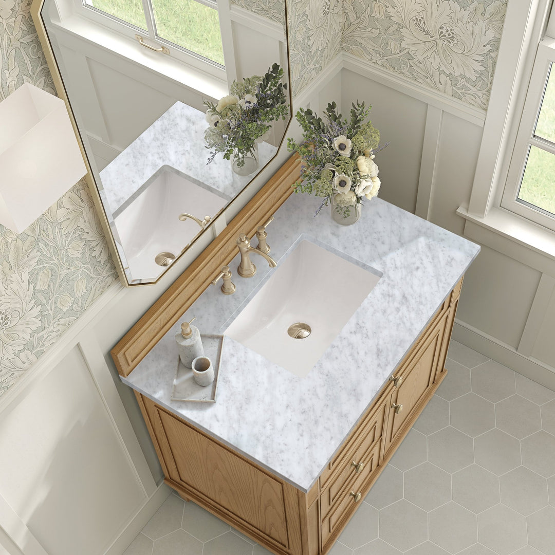 Lorelai 36" Single Vanity, Light Natural Oak w/ 3 CM Carrara White Marble Top