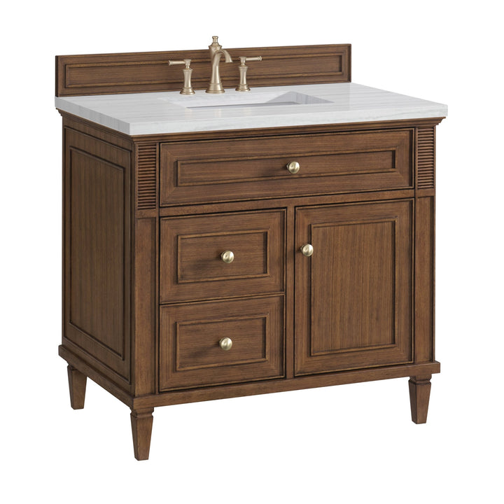 Lorelai 36" Single Vanity, Mid-Century Walnut w/ 3 CM Arctic Fall Solid Surface Top