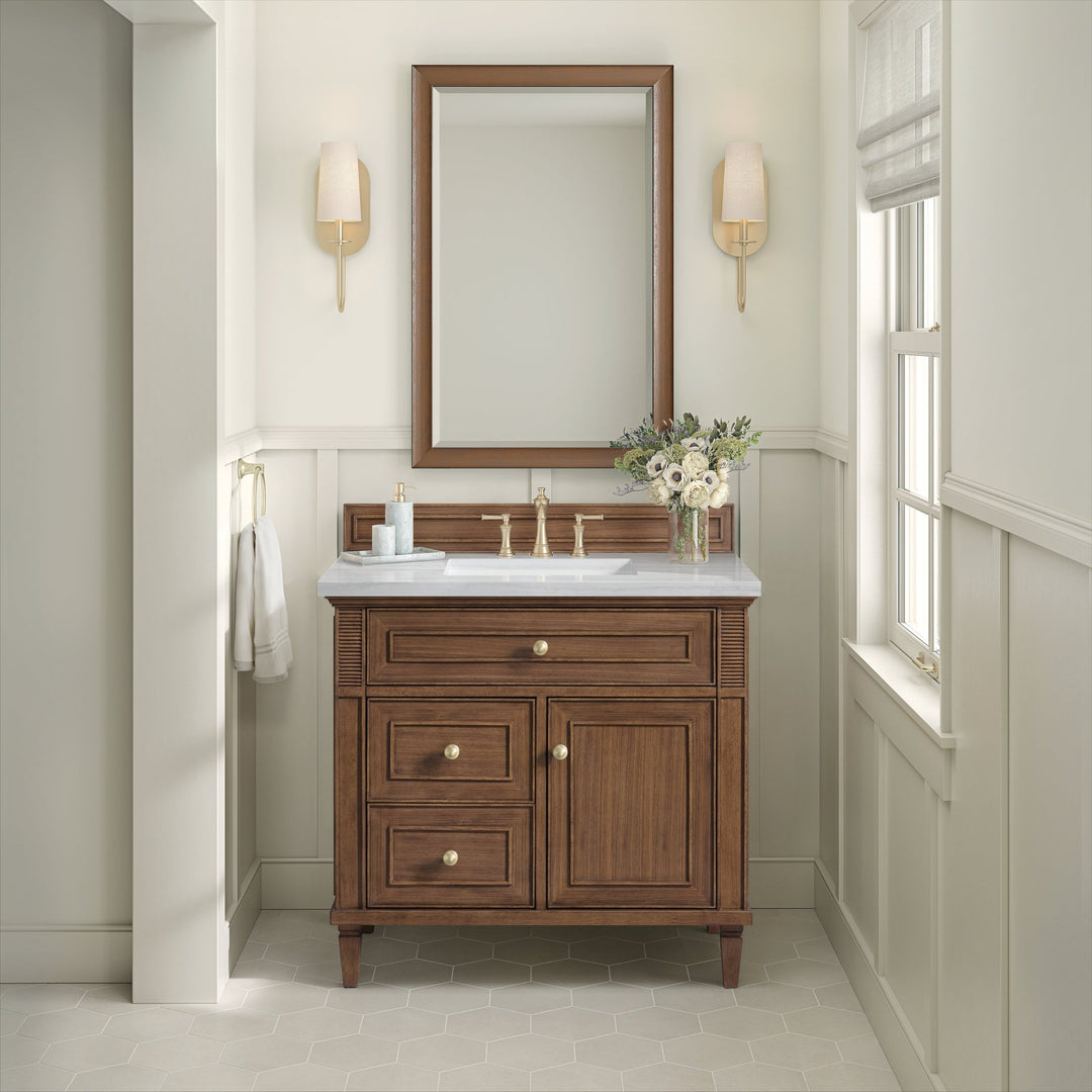 Lorelai 36" Single Vanity, Mid-Century Walnut w/ 3 CM Arctic Fall Solid Surface Top