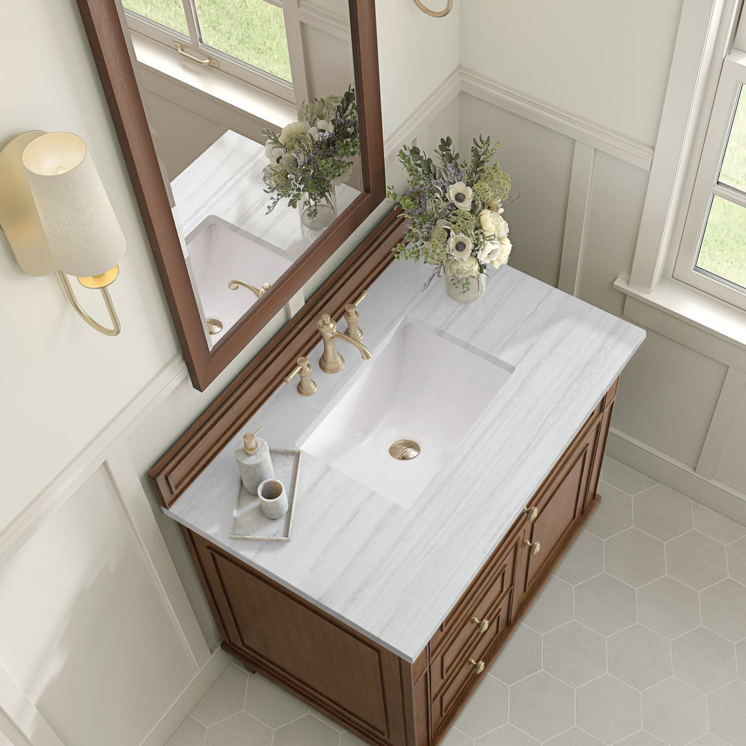 Lorelai 36" Single Vanity, Mid-Century Walnut w/ 3 CM Arctic Fall Solid Surface Top