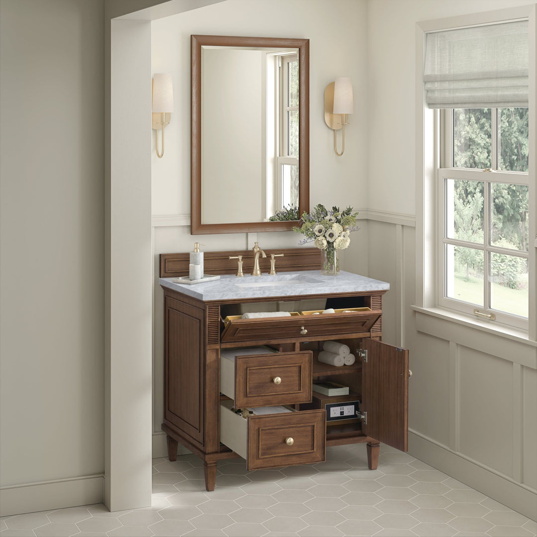 Lorelai 36" Single Vanity, Mid-Century Walnut w/ 3 CM Carrara White Marble Top