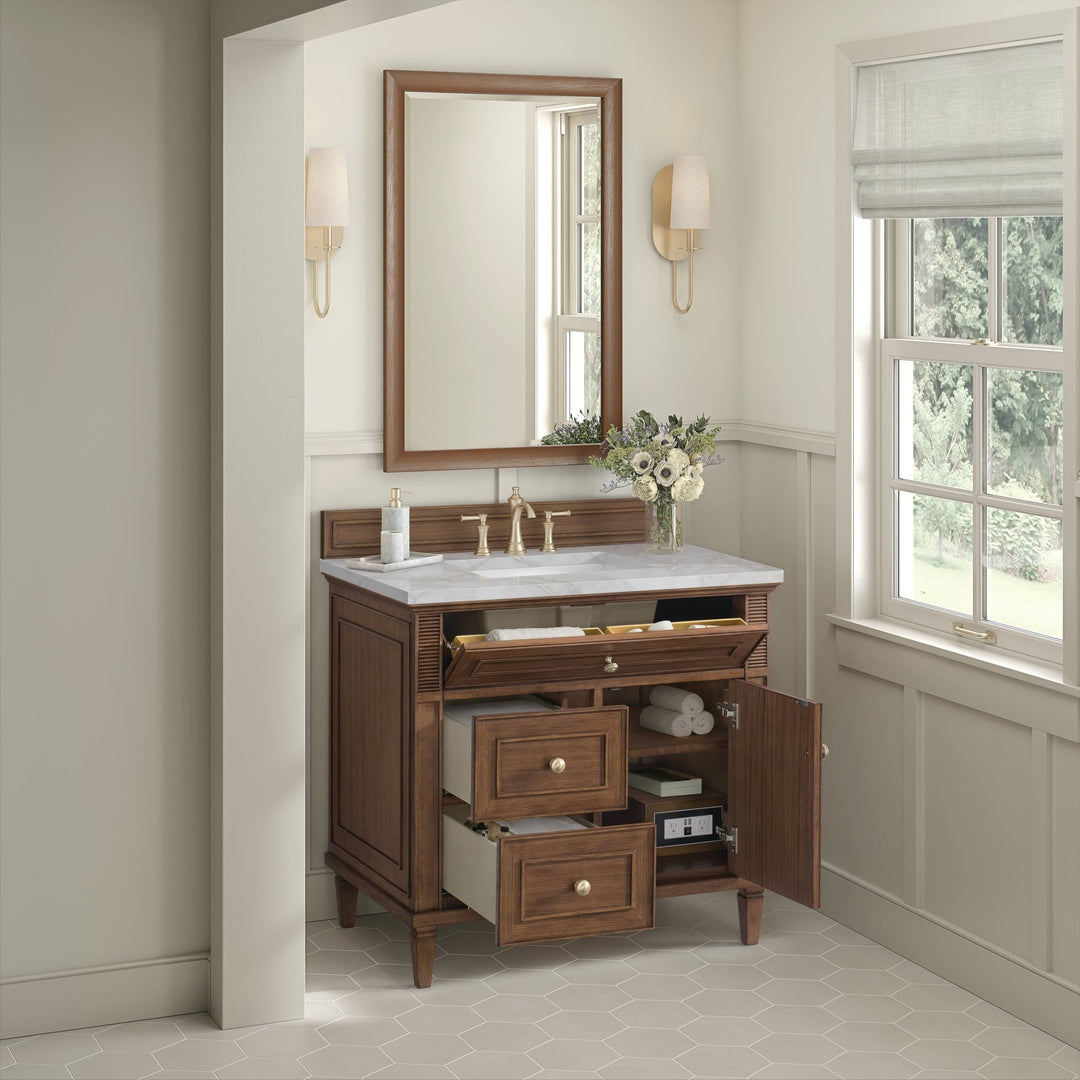 Lorelai 36" Single Vanity, Mid-Century Walnut w/ 3 CM Victorian Silver Silestone Top