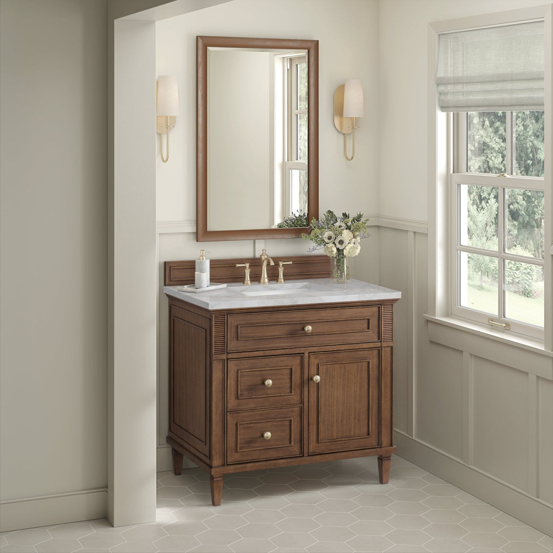 Lorelai 36" Single Vanity, Mid-Century Walnut w/ 3 CM Victorian Silver Silestone Top