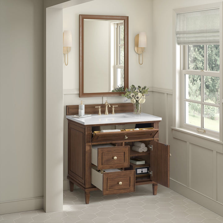 Lorelai 36" Single Vanity, Mid-Century Walnut w/ 3 CM White Zeus Silestone Top