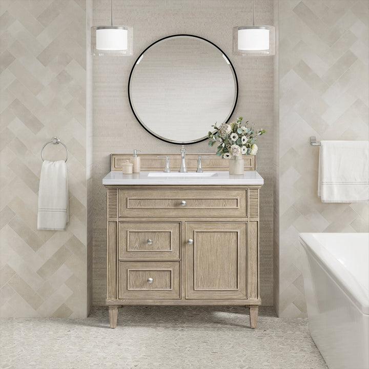 Lorelai 36" Single Vanity, Whitewashed Oak w/ 3 CM Arctic Fall Solid Surface Top