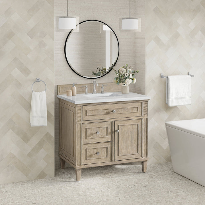 Lorelai 36" Single Vanity, Whitewashed Oak w/ 3 CM Arctic Fall Solid Surface Top