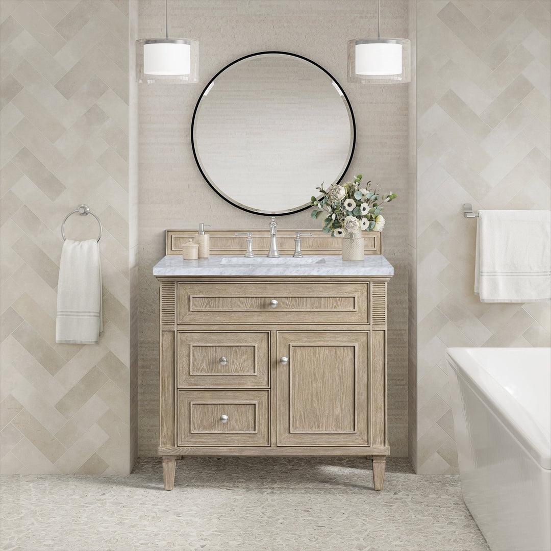 Lorelai 36" Single Vanity, Whitewashed Oak w/ 3 CM Carrara White Marble Top