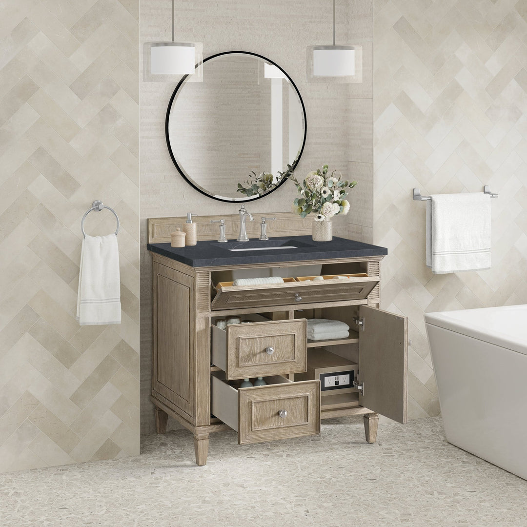Lorelai 36" Single Vanity, Whitewashed Oak w/ 3 CM Charcoal Soapstone Silestone Top