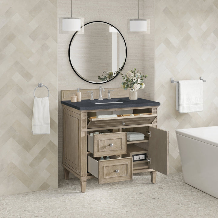 Lorelai 36" Single Vanity, Whitewashed Oak w/ 3 CM Charcoal Soapstone Silestone Top