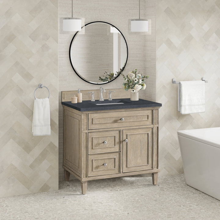 Lorelai 36" Single Vanity, Whitewashed Oak w/ 3 CM Charcoal Soapstone Silestone Top