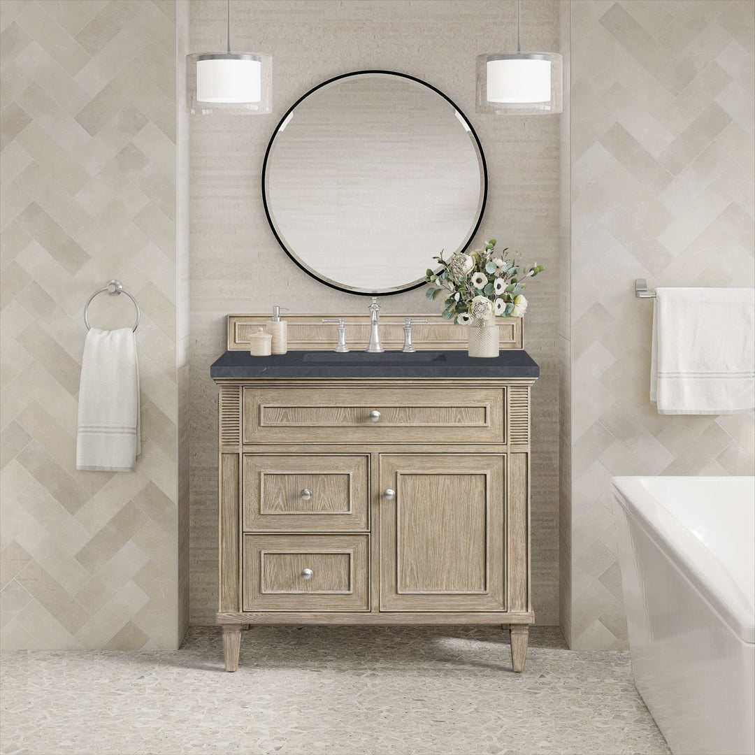 Lorelai 36" Single Vanity, Whitewashed Oak w/ 3 CM Charcoal Soapstone Silestone Top