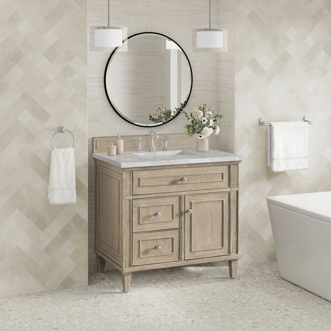 Lorelai 36" Single Vanity, Whitewashed Oak w/ 3 CM Victorian Silver Silestone Top