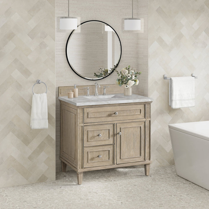 Lorelai 36" Single Vanity, Whitewashed Oak w/ 3 CM Victorian Silver Silestone Top
